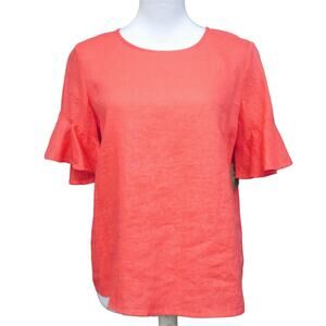 For Cynthia 100% Linen Ruffle Sleeve Blouse Top Coral Pink Orange Small Boxy
